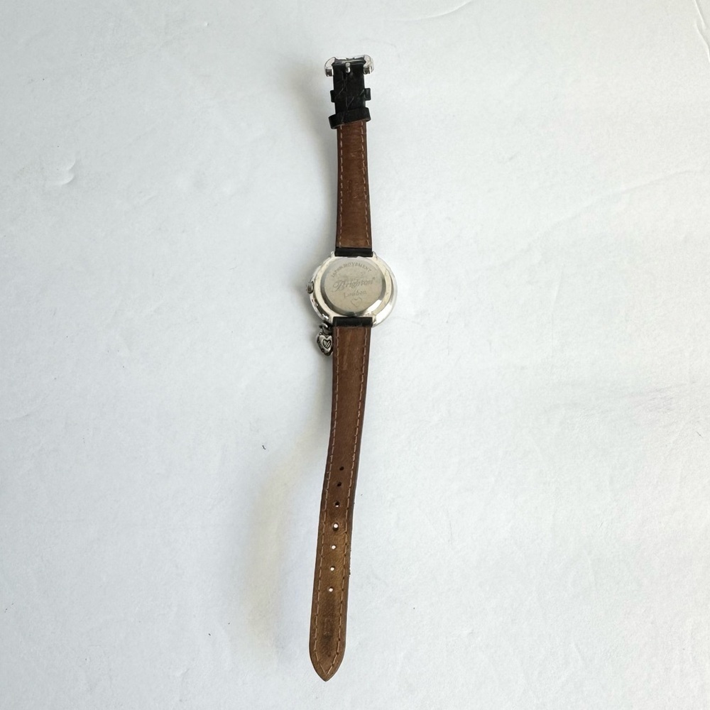 Vintage Brighton Watch Silver Tone‎ Black Leather Band Western Swirl Heart Charm - Picture 5 of 8